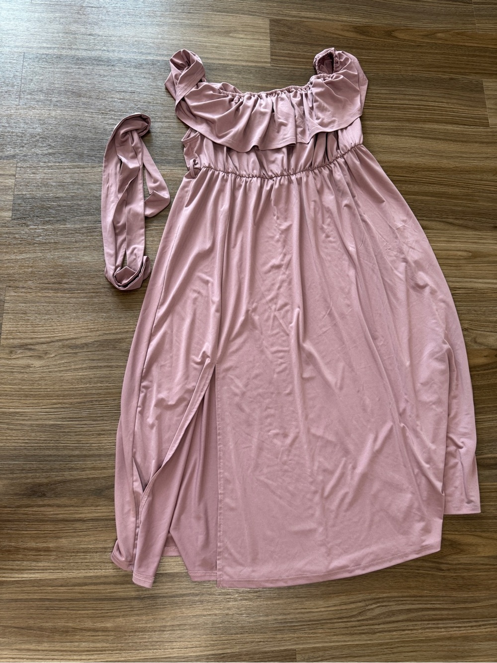Off-Shoulder Ruffle Maxi Dress in Dusty Rose